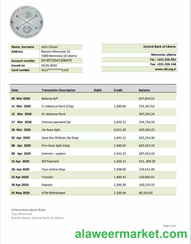 Liberia Central Bank of Liberia bank statement template in Word and PDF format